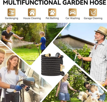 100 ft Expandable Garden Hose - Kink Free Flexible Water Hose with Thumb-Controlled 10-Function Nozzle, 3/4 Solid Brass Connectors, Retractable Latex Core - Lightweight Expanding Hose