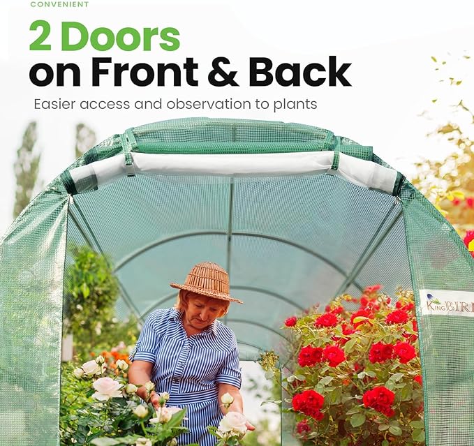 KING BIRD Premium 15x6.6x6.6FT Greenhouse for Outdoors, Large Walk-in Upgraded Galvanized Metal Frame, Mesh Door Screen Window Improved Zipper Tunnel Hoop for Garden Plant Winter, Green