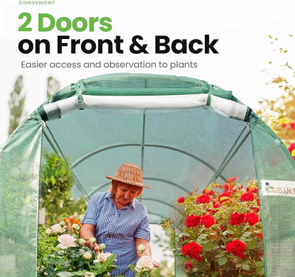 KING BIRD Premium 15x6.6x6.6FT Greenhouse for Outdoors, Large Walk-in Upgraded Galvanized Metal Frame, Mesh Door Screen Window Improved Zipper Tunnel Hoop for Garden Plant Winter, Green