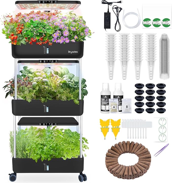 66-Pod Indoor Hydroponic Growing System + 3 Free Seeds Starter Kit (Lettuce, Salad Mixed, Basil Seeds) – Dual 53W Full-Spectrum LED, 10-L Water Tank, 3-Tier Grow Pods