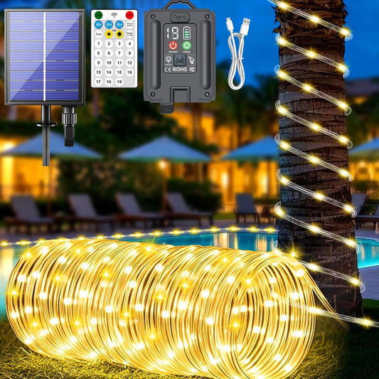 New Upgraded Solar Rope Lights 500 LED 170ft 19 Modes Solar Powered & USB Rechargeable String Lights Outdoor Waterproof with Remote Timer Dimmable for Pool Yard Party Wedding Christmas (500LED-Warm)