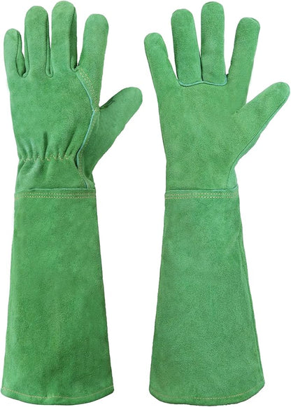 HANDLANDY Leather Gardening Gloves, Thorn Proof Long Gauntlet Heavy Duty Garden Gloves, Elbow Length Rose Pruning Weeding Yard Glove (X-Large, Green)