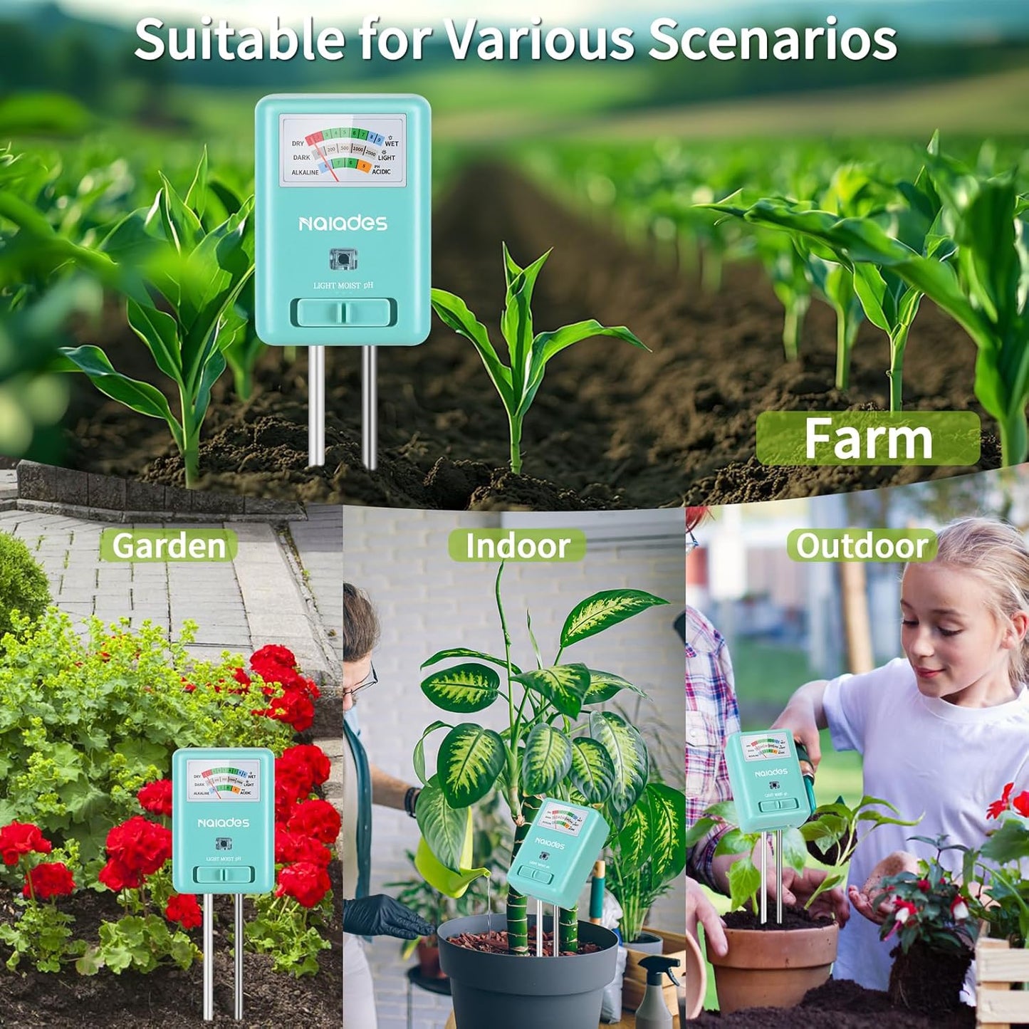 Professional 3-in-1 Soil Tester - Moisture/Light/pH Meter with Lab-Calibrated Probes, 90° Rotatable Display for Indoor/Outdoor Plants (Battery-Free)