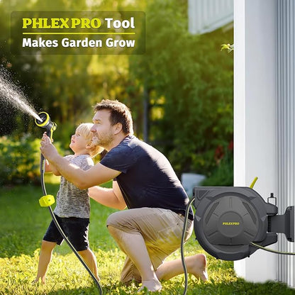 Retractable Garden Hose Reel 5/8 in x 115 ft Heavy Duty Automatic Water Hose Reel Wall Mounted with 10 Pattern Nozzle,Any Length Lock, Slow Return System, 180°Swivel Bracket