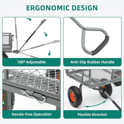 Heavy Duty 900 lbs Capacity Mesh Steel Garden Cart - 10" Pneumatic Tires, 180° Rotating Handle, Removable Sides, 4 CU'FT Utility Wagon for Yard & Garden Christmas Hauling
