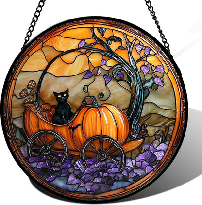 Stained Glass Window Hanging - Halloween Pumpkin Carriage Black Cat Suncatcher for Doors Window Garden Spooky Sun Catchers Gothic Decor Horror Gifts for Women Men Friend Boy Girl 9.8 in
