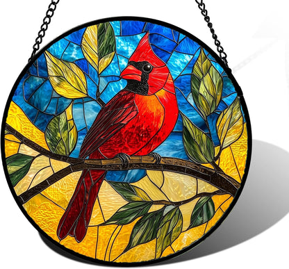 Stained Glass Window Hanging, Blue Sky Cardinal Sun Catchers Colorful Glass Panel Red Birds Suncatcher Decor for Birthday for Women, Men, Wife, Aunt, and Mom 9.8 in