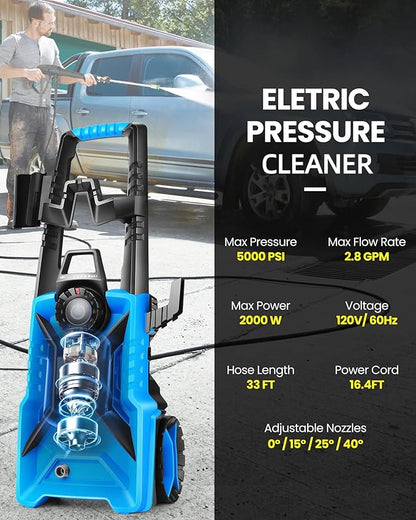 Pressure Cleaner 5000 PSI 3.0 GPM Adjustable Pressure, High Power Cleaner with 33ft Pressure Hose, 4 Nozzles and 500ml Foam Cannon for Cars/Fences/Driveways/Patios/Home Cleaning (Blue)