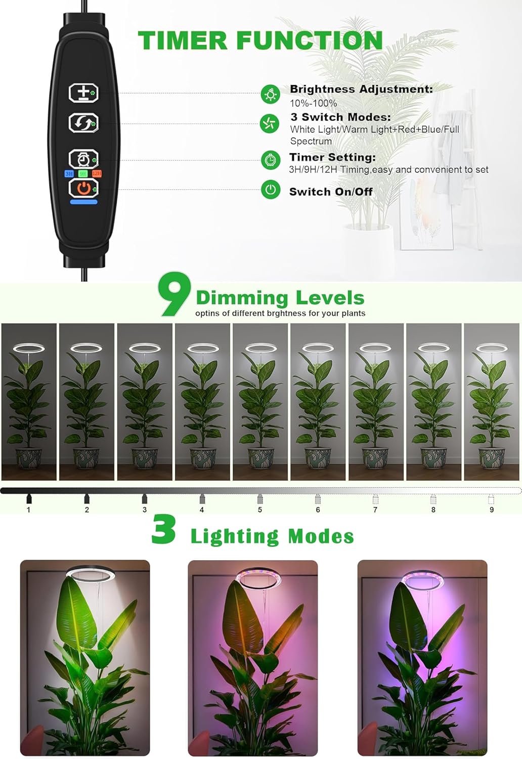 10" Grow Lights for Indoor Plants Full Spectrum, 160 LEDs Large Plant Light for Indoor Plants, Height Adjustable 11"-65" Growing Lamp with Auto On/Off Timer 3/9/12H, 9 Dimmable Brightness,White