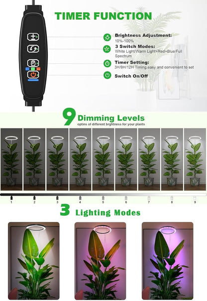 10" Grow Lights for Indoor Plants Full Spectrum,Indoor Plant Light for Indoor Growing with 160LEDs,Height Adjustable 11"-65" for Large Plant,Auto On/Off Timer 3/9/12H,9 Dimmable Brightness,Wood Grain