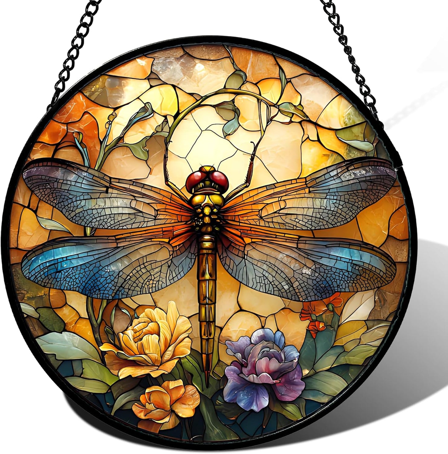 Stained Glass Window Hanging - Orange Blue Dragonfly Flower Suncatcher for Doors Window Home Sun Catchers Decor Christmas Mother's Day Birthday Outdoor Gifts for Women Men Mom Nana 11.8 in
