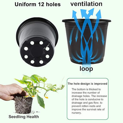 Augshy 110 Pcs 0.5 Gallon Black Plastic Plant Nursery Pots 6 Inches Seed Starting Pots Containers with 110 Labels