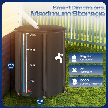 Collapsible Rain Barrel, Portable Rain Water Collection System Kit, 53 Gallon – Foldable Water Tank & Storage Reservoir with Spigot for Garden, Lawn, & Emergency Use