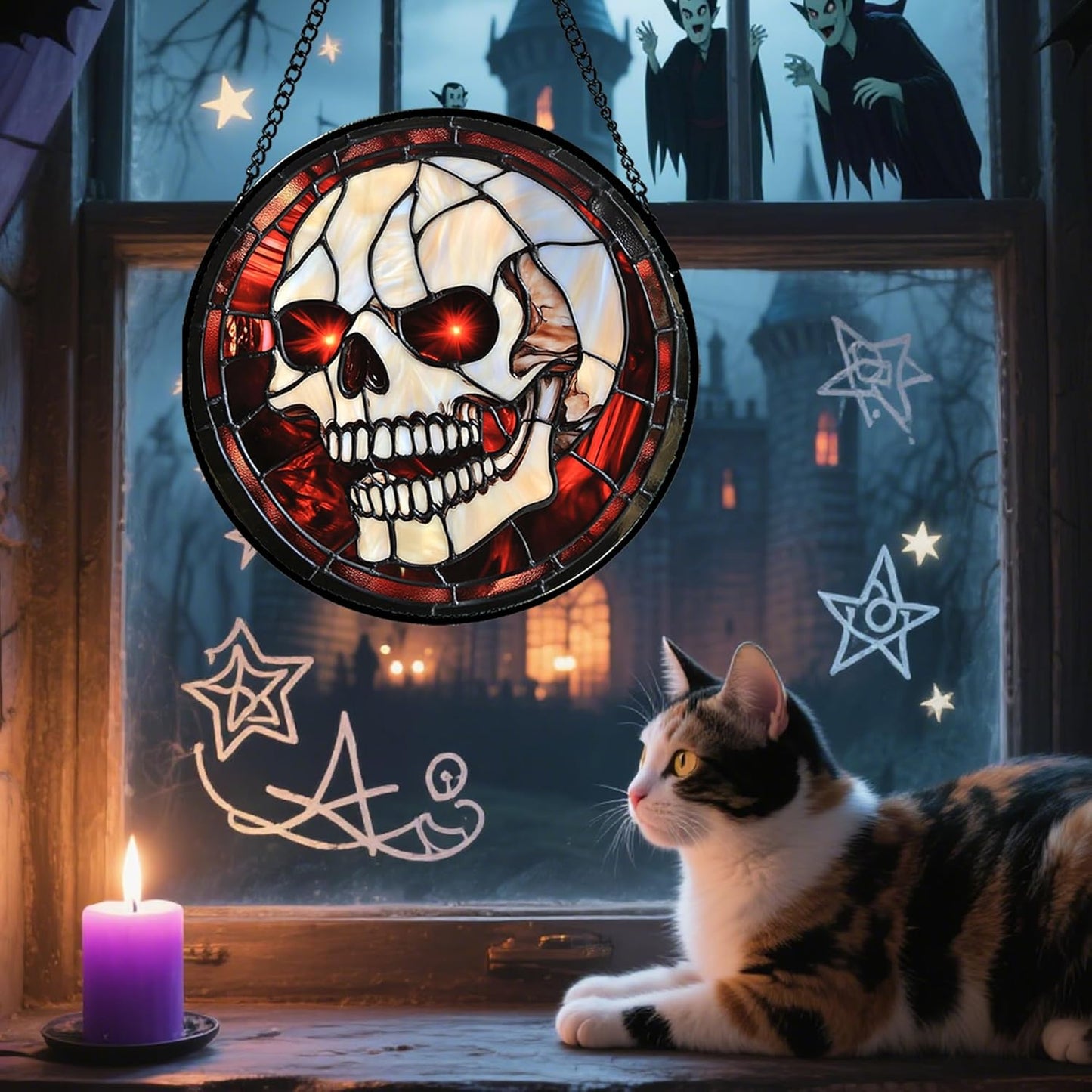 Stained Glass Window Hanging - Halloween Decorations White Skeleton Suncatcher for Doors Garden Indoor Spooky Funny Red Sun Catchers Gothic Decor Horror Gifts for Women Men Friend 6.3 in