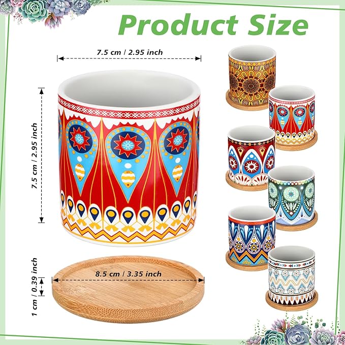 Zopeal 6 Pcs 3 Inch Succulent Pots Succulent Planters Cylinder Ceramic Pots Mandala Multicolor Cactus Pot with Drainage Holes and Bamboo Trays for Indoor Plants Flowers Garden Decoration (Core)