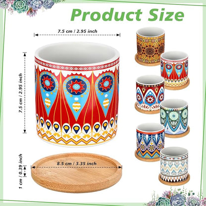 Zopeal 6 Pcs 3 Inch Succulent Pots Succulent Planters Cylinder Ceramic Pots Mandala Multicolor Cactus Pot with Drainage Holes and Bamboo Trays for Indoor Plants Flowers Garden Decoration (Core)
