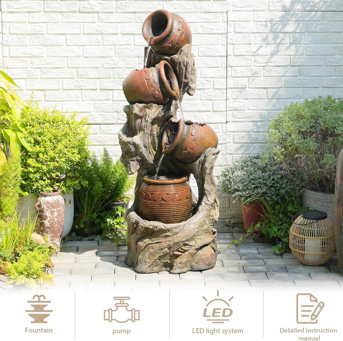 Freestanding Outdoor Fountain - Garden Water Feature with LED, Cascading Jar & Faux Wood Design for Patio/Backyard