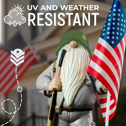 Patriotic Solar Garden Gnome with American Flag, 11" Resin Armed Garden Gnomes Outdoor Statue, Military Yard Gnome Decor, Gift for 4th of July, Memorial Day, Veterans Day