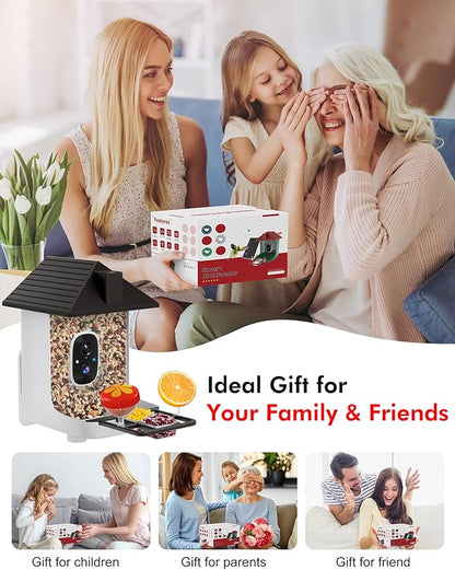 Smart Bird Feeder with Camera,5200mAh Battery with Solar Panel, 4K Native Resolution Live View, AI Species Identification, Auto Capture & Instant Arrival Alert, Ideal Gift for Bird Lovers (Dark Grey)