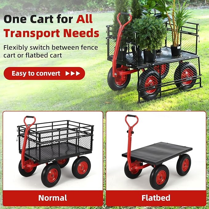GarveeLife Steel Garden Cart 1400 LBS Capacity, Heavy Duty Steel Utility Wagon with Removable Sides, 2 in-1 Handle and 16 in Tires, Utility Metal Wagon Perfect for Garden, Farm, Yard
