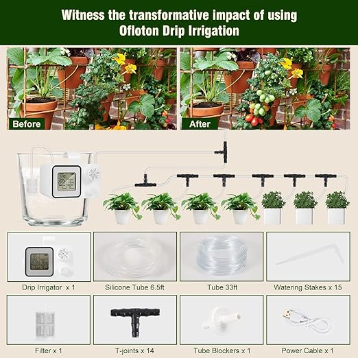 Automatic Drip Irrigation Kit,Ofloton 15 Potted Indoor Houseplants Support,Indoor Automatic Watering System for Plants,with Digital Programmable Water Timer