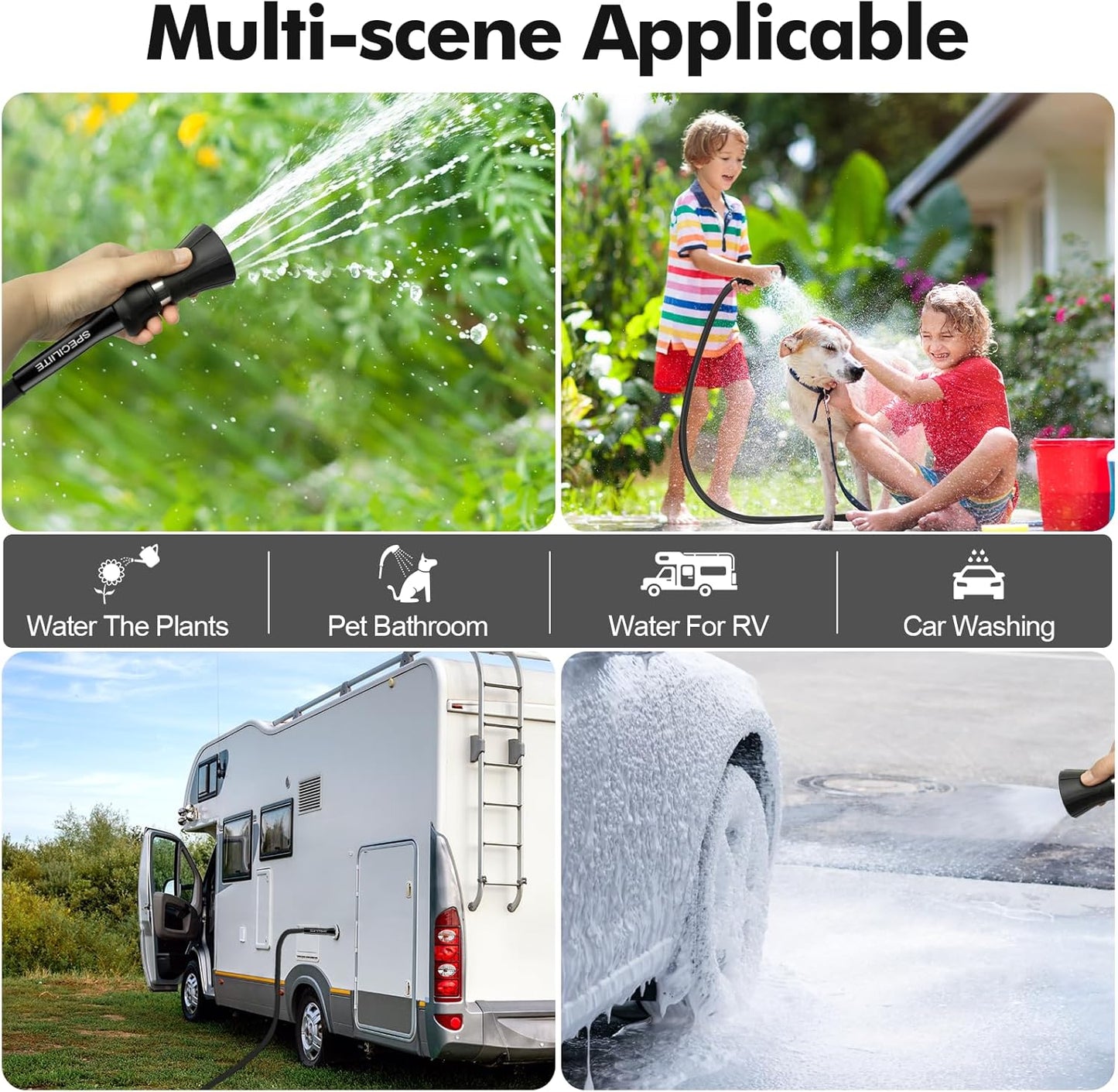 SPECILITE 5/8" Garden Hose 150 ft with High Flow Nozzle, Heavy Duty Flexible Hybrid Rubber Water Hose for Outdoor, Lightweight, Leak-Proof, No-Kink, 3/4"Stainless Steel Fittings,Black