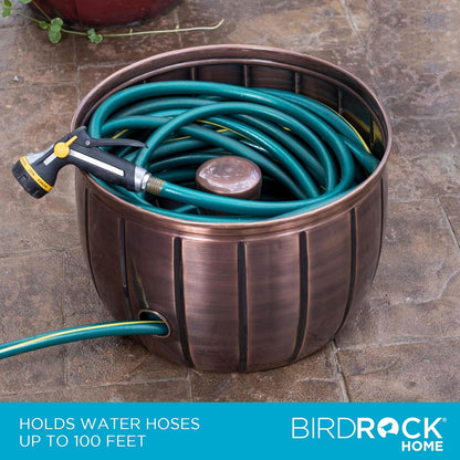 BIRDROCK HOME Water Hose Holder - Decorative Metal Pot, Indoor or Outdoor, Garden Storage Organizer, Patio Portable Bucket - Antique Copper, Holds up to 100ft Hoses, Medium No Lid