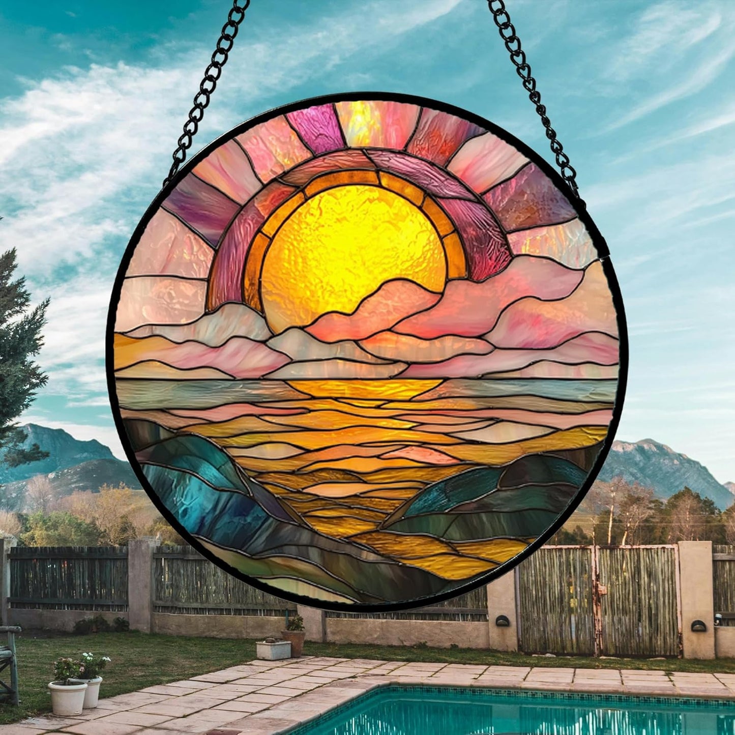 Stained Glass Window Hanging, Sunrise Over The Sea Suncatcher Diamond Glass Panel Hangings Abstract Sun Catchers Decor for Birthday for Women, Men, Wife, Aunt, and Mom 14.9 in