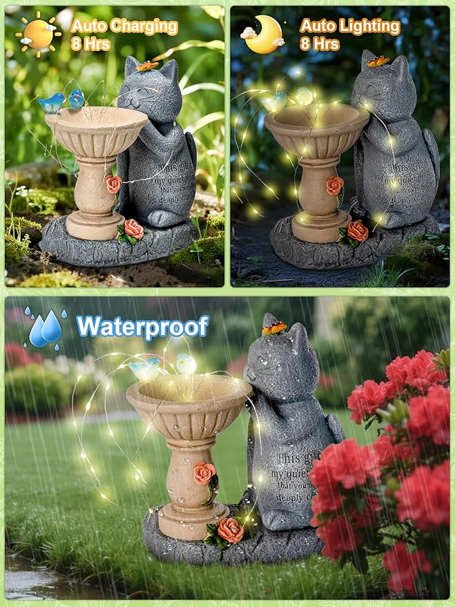 Garden Decor Cat Birdbath Statues, Solar Statues Decor with Butterfly Garden Decor for Home House, Yard Art Lawn, Ornaments, Porch Patio, Balcony - Birthday Gifts for Grandma Mom Women