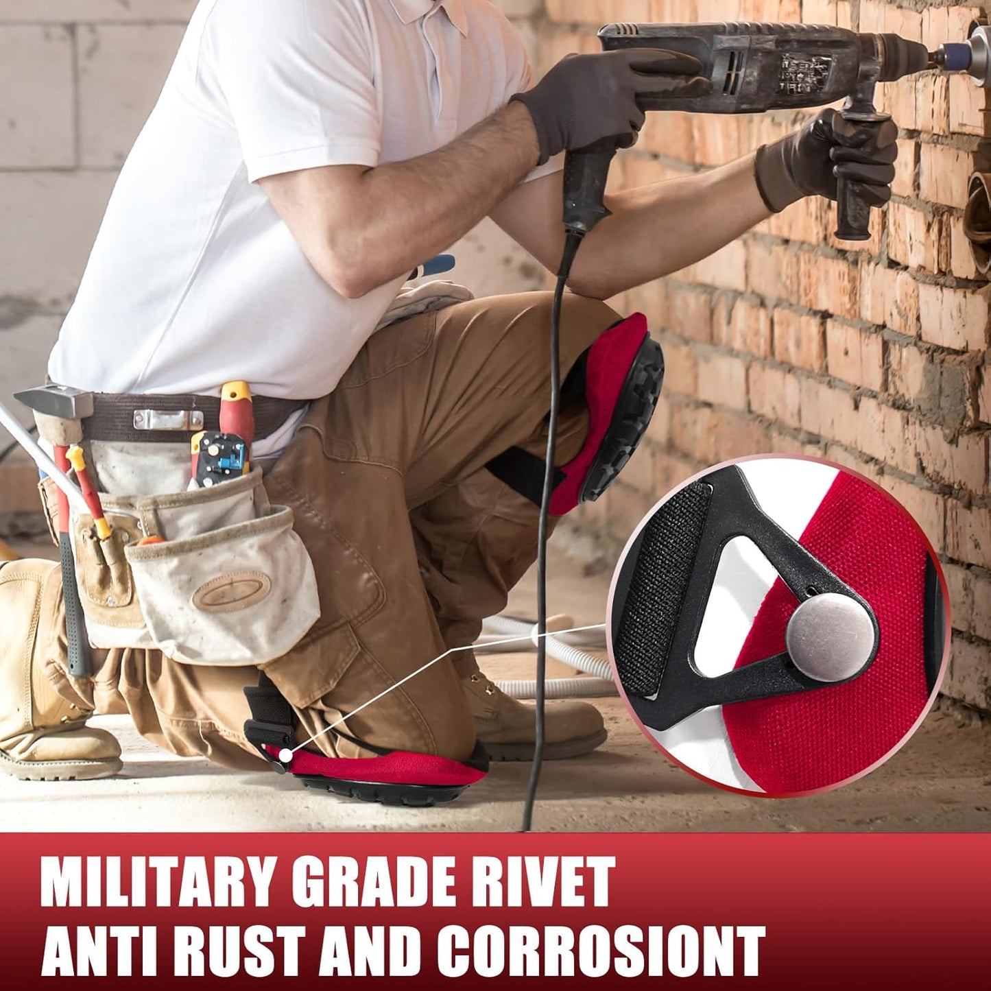 Professional Knee Pads for Work Construction with Heavy Duty Cap Foam Padding Gel Cushion Knee Pads for Men, Comfortable Adjustable Strong Strap, Military Grade Rivet for Flooring Gardening, Red