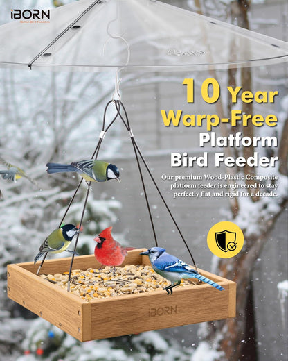 iBorn Platform Bird Feeder Tray Bird Feeders for Outdoors 10.6"x10.6" Platform Feeder with Large Capacity 3 LBS, Recycled Plastic & Cedar Look, Waterproof, Raw