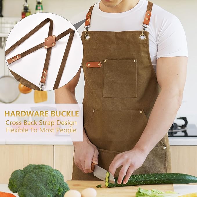 Canvas Aprons for Men Chef Apron, Work Apron with Large Pockets - 16oz Heavy Duty Cross Back, BBQ, Cooking