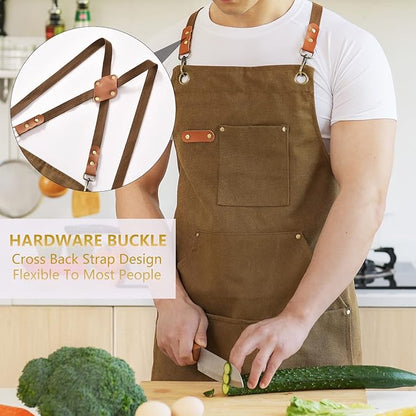 Canvas Aprons for Men Chef Apron, Work Apron with Large Pockets - 16oz Heavy Duty Cross Back, BBQ, Cooking
