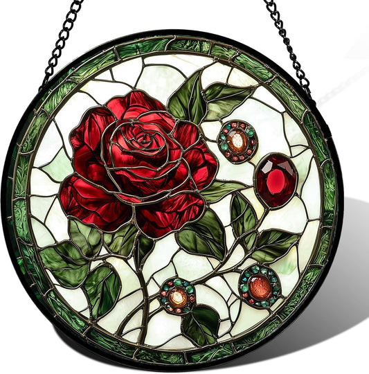 Stained Glass Window Hanging, Red Rose Gemstone Green Sun Catchers Diamond Glass Panel Hangings Suncatcher Decor for Birthday for Women, Men, Wife, Aunt, and Mom 14.9x14.9 in