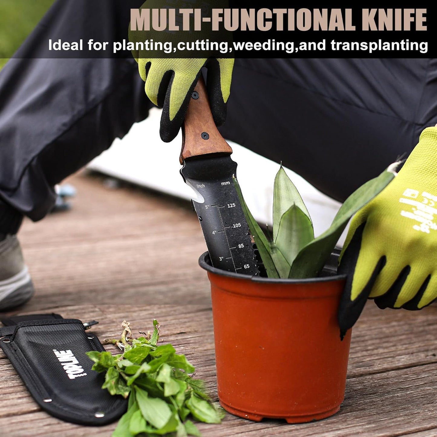 TOPLINE Hori Hori Garden Knife with Oxford Sheath, 7”Stainless Steel Blade with Cutting Edge, Folked Tip Design, Full Tang Walnut Handle, Multifunctional Garden Tools for Weeding, Planting, Cutting