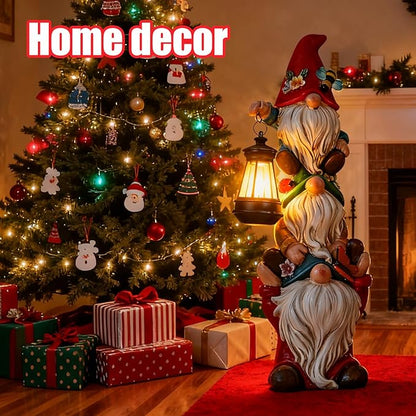 Christmas Garden Gnome Statue with Solar Lights Garden Sculptures Funny Triple Gnome Outdoor Patio Lawn Yard Balcony Home Decor Birthday Gifts for Women Mom Grandma 12 in Thanksgiving Gnome