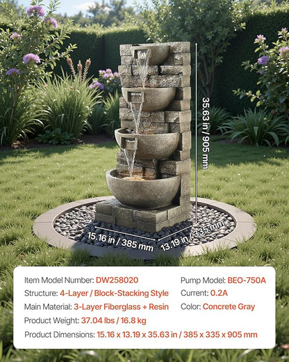 VEVOR Outdoor Water Fountain, 35.63 in Height Fountain and Waterfall, 4-Tier Floor Standing Cascading Fountains with LED Light and Pump, Block Stack Style, for Outdoor Indoor Garden, Patio & Backyard