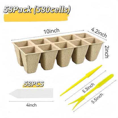 580 Cells Peat Pots Seed Starter Tray 58 Packs Biodegradable Seedling Pots Germination Trays Peat Pot for Seedling Organic Seed Starting Trays kit with 58 Labels 2 Transplant Tools