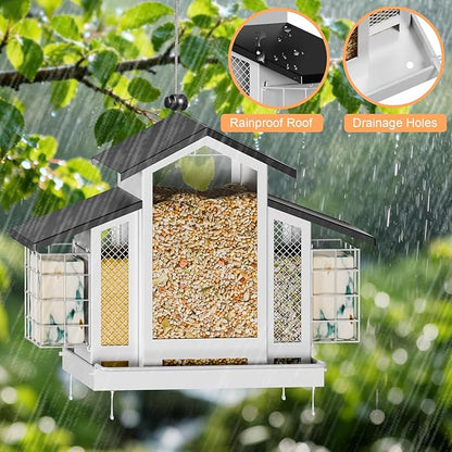 White Metal Bird Feeder Birdhouse, Outdoor Hanging Wild Bird Feeders for Outdoors, Perfect Birdhouses for Outside Bird Lovers