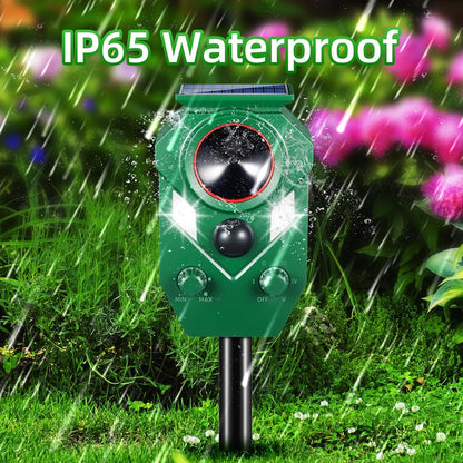 Solar Animal Repellert Outdoor Supplement USB Rechargeable Cat Repeller Outdoor Squirrel Rabbit Fox Adjustable Frequency Deer Repellent Devices with Light and Motion Detection