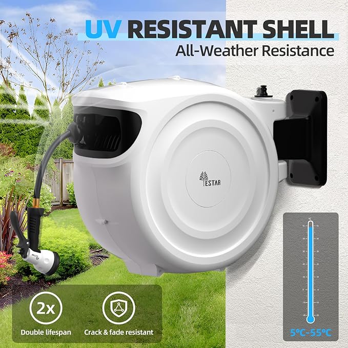 Retractable Garden Hose Reel 1/2"x130 ft, Automatic Hose Reel with 7 Pattern Nozzle,Any Length Lock Wall Mounted &180 Deg Swivel