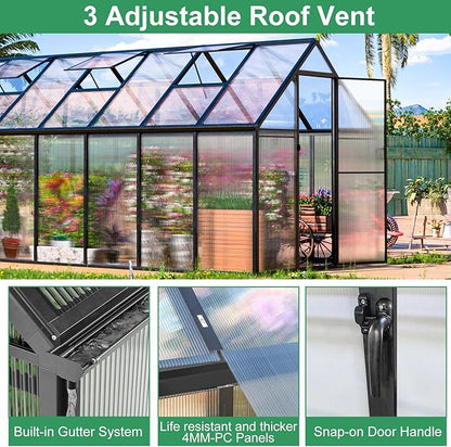 CDCASA 16x6 FT Greenhouse for Outdoors, Easy Assembly Large Aluminum Heavy Duty Polycarbonate Greenhouses Kit w/2 Window, Swing Door, Walk-in Green House for Outsides, Sunroom, Backyard, Garden