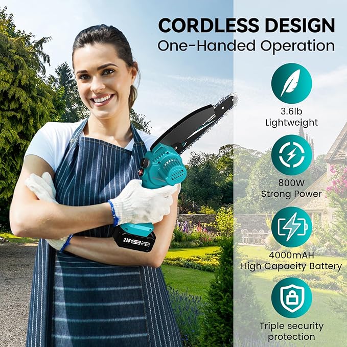 Seesii Mini Chainsaw 8-inch, Mini Chainsaw Cordless Tool Set, Battery Chainsaw with 2x 4.0Ah Batteries, Handheld Electric Power Chain Saw with Oiler, Safety Lock for Tree Trimming,Wood Cutting