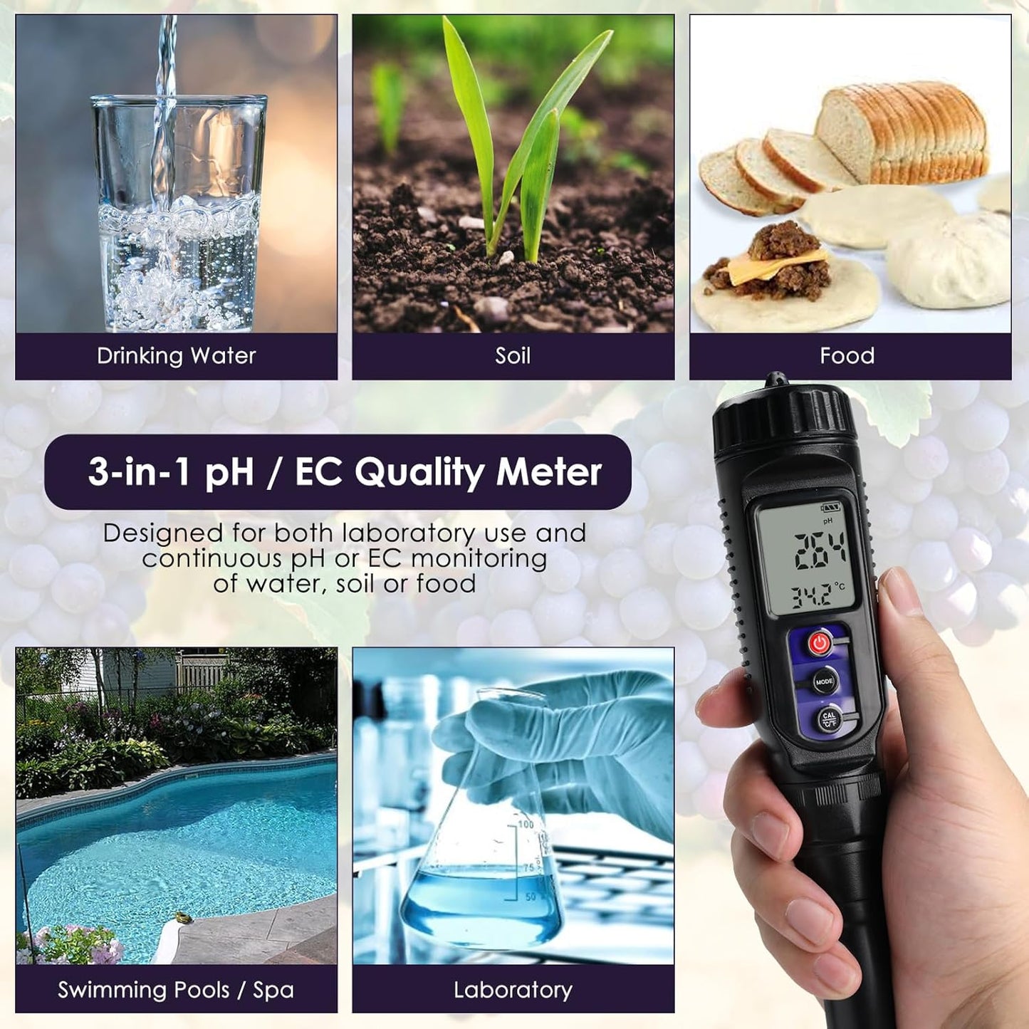 pH Meter for Food 3-in-1 Digital pH EC Temperature Meter with ATC, Food pH Tester for Checking Fermentation/Bread Dough/Sausages, Waterproof pH Probe Meter for Cosmetics, Solid and Soft Soil Sample