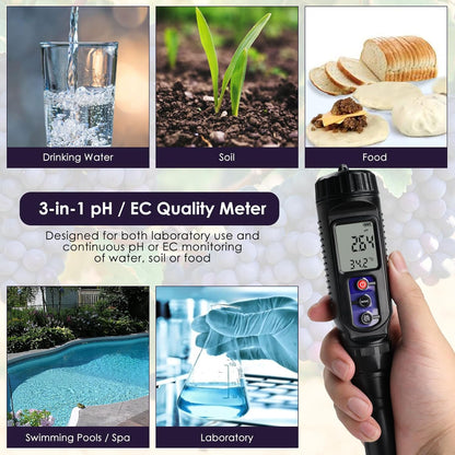 pH Meter for Food 3-in-1 Digital pH EC Temperature Meter with ATC, Food pH Tester for Checking Fermentation/Bread Dough/Sausages, Waterproof pH Probe Meter for Cosmetics, Solid and Soft Soil Sample
