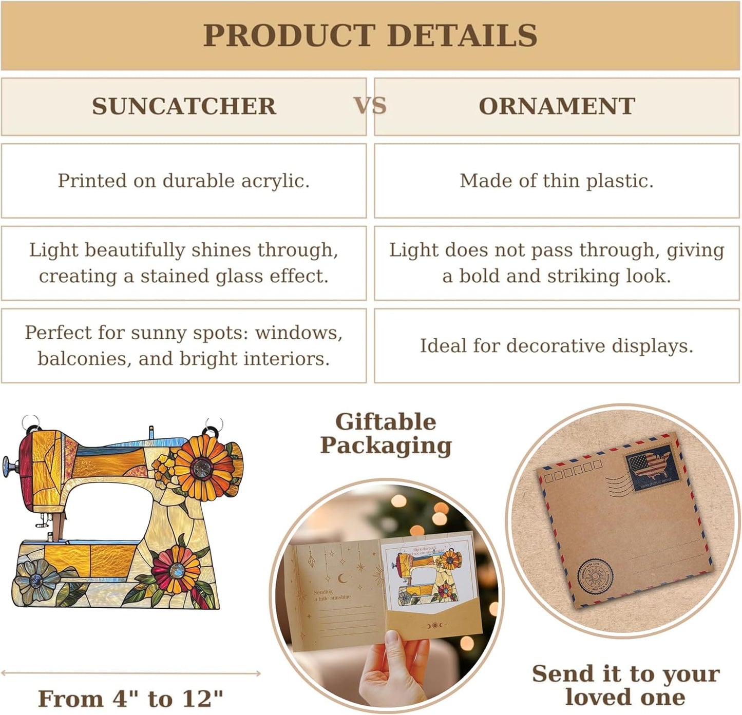 Sewing Machine Acrylic Suncatcher Stained Glass Effect Window Car Hanging Christmas Ornament Indoor Outdoor Decor Garden Sun Catcher Panel Gifts for Sewing Lover for Women Mom Grandma