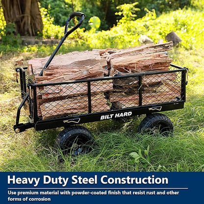 BILT HARD 10" Flat Free Tires Heavy Duty Garden Cart with 180° Rotating Handle and Removable Sides, 4 Cu.Ft 400 lbs Capacity Utility Steel Wagons for Outdoor