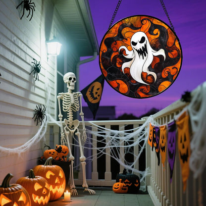 Stained Glass Window Hanging - Halloween White Ghost Suncatcher for Doors Window Garden Indoor Spooky Funny Orange Sun Catchers Gothic Decor Horror Gifts for Women Men Friend 11.8 in