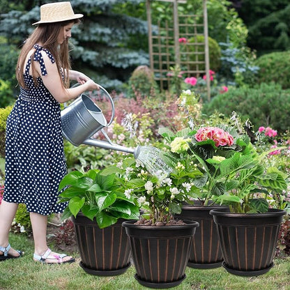 FGstyle 12 Inch Pots for Plants,4 Pack Tall Planters,Large Flower Pots with Drainage Hole & Saucer,Decorative Outdoor Planter for Planting Medium Large Plants(Black