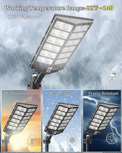 Ofuray Of-9600W Solar Street Lights Outdoor,660000Lm Solar Security Flood Lights Parking Lot Lights Commercial Dusk to Dawn, 6500k Waterproof Led with Remote Control Motion for Street,Court,Barn